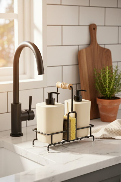 grimorlife Beige Begonia Bleach and Liquid Soap Dispenser Bathroom Set with Metal Stand - Includes Sponge Gift