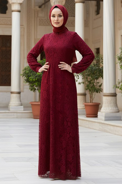 Neva Style Rochie de seara tesettur burgundy cu dantela 5006BR