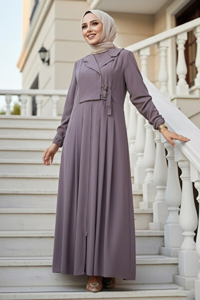 N.S NEVA STYLE فستان حجاب من فرو المنك الداكن بسحاب 26431KV