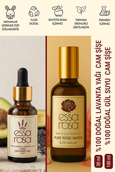 ESSAROSA PURE %100 NATURAL Gül Suyu Cam Şişe 100 ml & Lavanta Yağı Cam Şişe 3...