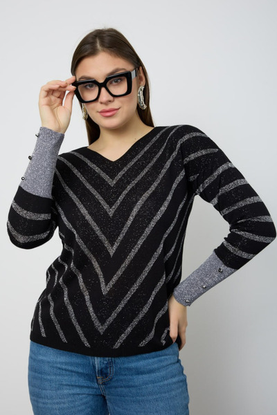 Moda Days Pulover cu decolteu în V argintiu pentru femei, negru, fir strălucitor, tricotaj subțire