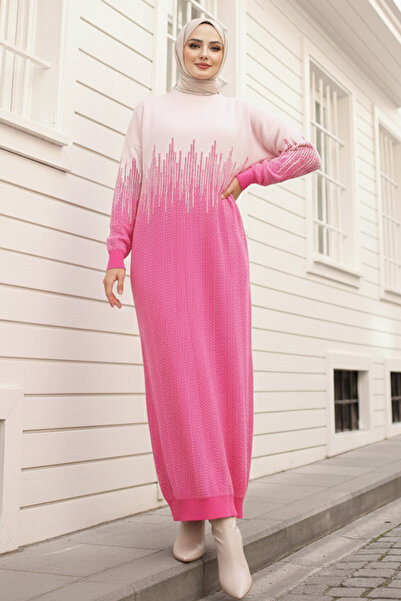 benguen فستان تريكو منقوش موديل 6208 باللون الفوشيا