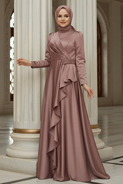 Neva Style Volanlı Vizon Tesettür Abiye Elbise 22431V