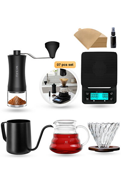MIBRU مجموعة ماكينة القهوة V60، 7 قطع، أدوات قهوة يدوية فاخرة مع مطحنة يدوية، مقاس 02