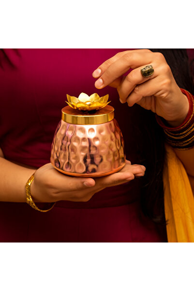 KIYAY برطمان نحاسي بتصميم زهرة اللوتس مصنوع يدويًا، مثالي لديكور المطبخ، برطمان توابل وبهارات متعدد الأغراض، قهوة