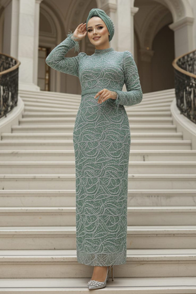 Neva Style فستان سهرة حجاب أخضر مطرز بالخرز 52056CY