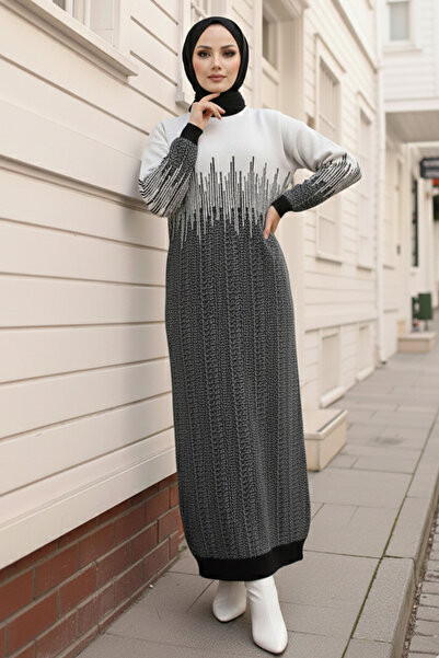 benguen 6208 Desenli Triko Elbise Siyah