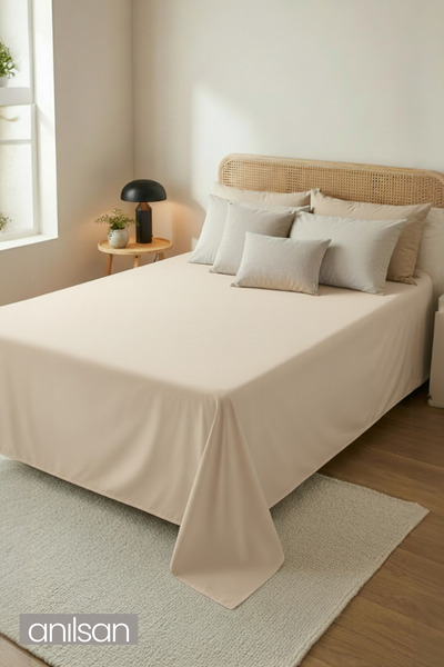 Anılsan ملاءة سرير رانفورس بدون أربطة باللون البيج، 100% قطن، مزدوجة/فردية