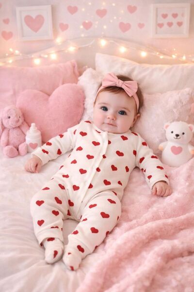 Minixobaby Kız Bebek Küçük Kalp Baskılı Raporlu Çıtçıtlı Yenidoğan Bebek Tulu...