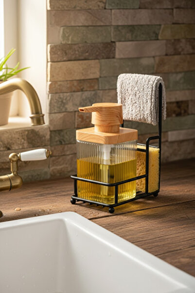 grimorlife Metal Standlı Süngerli Tekli Şeffaf Ahşap Akrilik Bulaşık Deterjanı Sıvı Sabunluk -Bez Askılığı