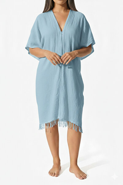 Blue Burgeon STANDART BEDEN KADIN MÜSLİN BAĞLANABİLİR YIRTMAÇLI PLAJ ELBİSESİ...