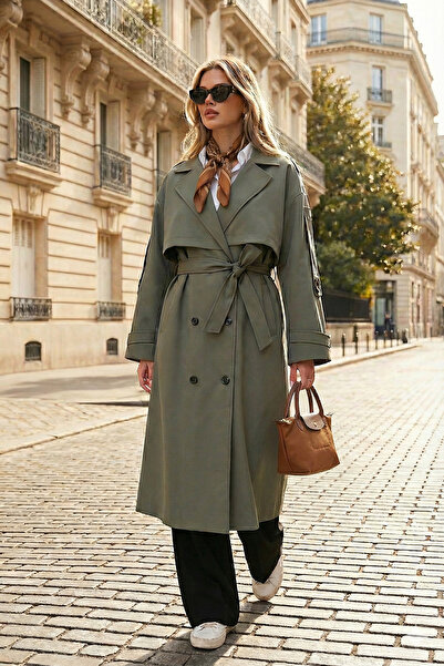 Lela معطف طويل فضفاض بياقة مزدوجة وأزرار وحزام 6839476