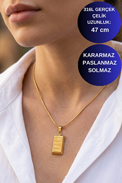axexuar Gold Renk Külçe Model Çelik Kolye - Kararmaz Paslanmaz 316L Dikdörtge...