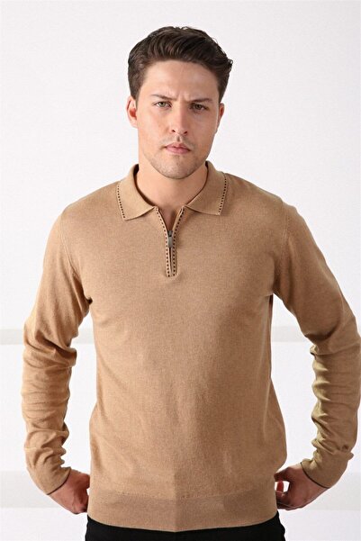 Ferraro Ανδρικό πουλόβερ Camel Polo με φερμουάρ 100% βαμβάκι