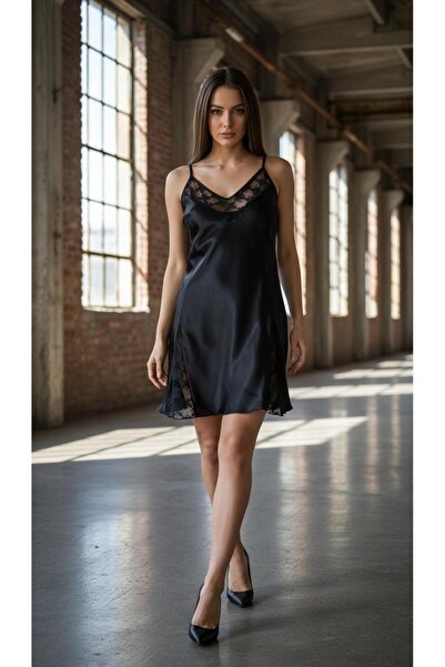 Primoda Underwear Kadın Asalet Siyahı Dantel İşemeli Saten Kısa Gecelik