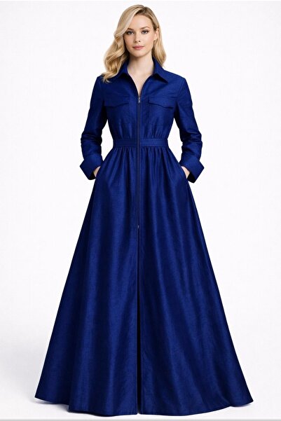 MERT ERKAN فستان قميص طويل أنيق من التفتا باللون الأزرق الداكن مع تفاصيل عملي...