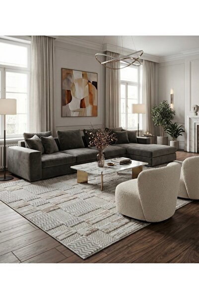 Deffino home Bej Gri İskandinav Minimalist Tasarım Sisal Özel Kesim Salon Kor...