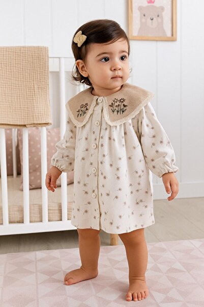 dinamik çocuk Kız Bebek Çiçek Desenli Fisto İşlemeli Geniş Yaka Elbise Gömlek...