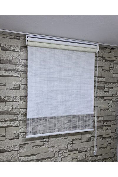 PERDECİNİZ Ekose Desen Çiftli Sistem Tül Stor Perde Krem Renk (etek Kısmı Düz...