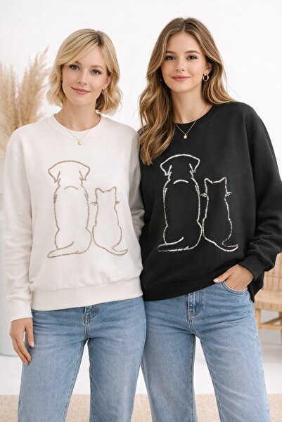 JOGGY Dog Pattern Detailed Crew Neck Sweatshirt