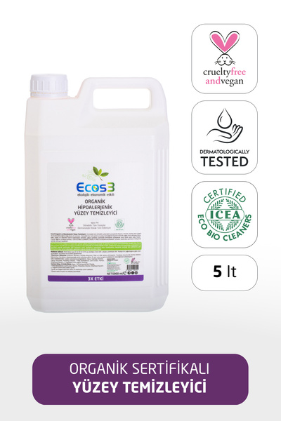 Ecos3 Organik Yüzey Temizleyici, Vegan Sertifikalı, Hipoalerjenik, Ekolojik, Evcil Hayvan Dostu, 5000 ml