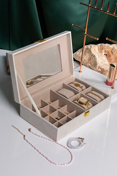 Ecrou Mirrored Beige Velvet Gem, Organizer, Jewelry Box Organizer 25 X16 X 7 cm