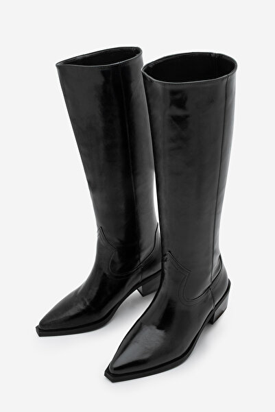 Marjin Kadın Sivri Burun Kovboy Fermuarsız Western Çizme Mivez Siyah