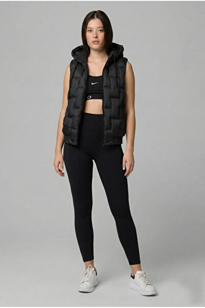 İMAJİNAL Vestă neagră pentru femei cu glugă din material hidrofug, căptușită, cu buzunare cu fermoar, vestă sport casual