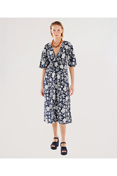 Yargıcı Short Sleeve Midi Dress with Tie Front Detail