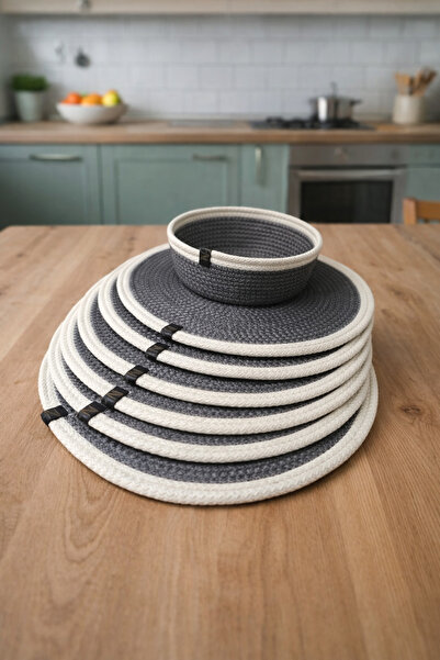 Naspar Dikişli 6 Adet Antrasit Ekru Supla / Amerikan Servis 1 Adet Hasır Ekmek Sepeti