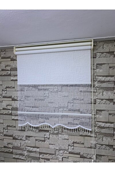 PERDECİNİZ Ekose Desen Çiftli Sistem Tül Stor Perde Krem Renk (etek Boncuklu)...