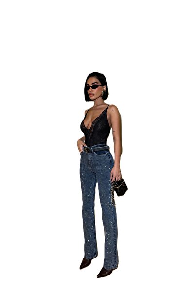 ParlaMira Blugi pentru femei Stoned talie înaltă Palazzo material elastic Fit