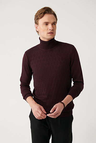 Avva Burgunderfarbener Herren-Strickpullover mit Rollkragenpullover aus Baumwolle mit Muster A32y5198