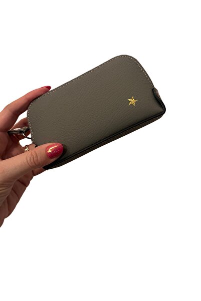 Pinkylola Gray Genuine Leather Mini Makeup Bag - Wallet with Star Detail