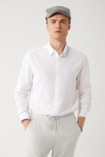 Avva Men's White 100% Cotton Jacquard Patterned Shirt A32Y2175