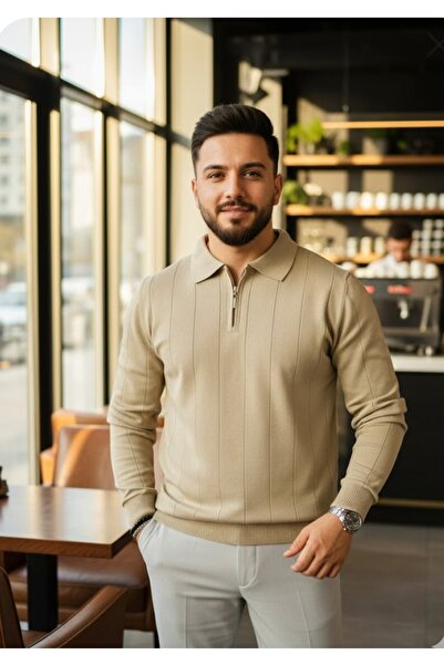 LİBASSİNİ Men's Half Zip Polo Neck Transitional Sweater Beige