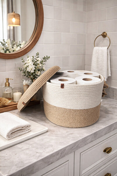 Naspar سلة ورق تواليت مكونة من 12 قطعة مع غطاء، وسلة خوص متعددة الأغراض، ومنظ...