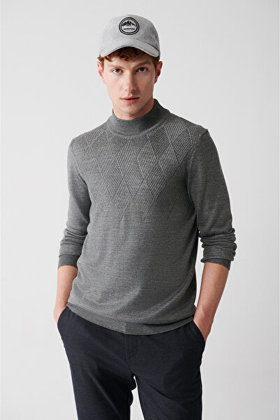 Avva Grauer Herren-Strickpullover aus Wollmischung mit halbem Rollkragen und gemusterter Vorderseite A32y5193