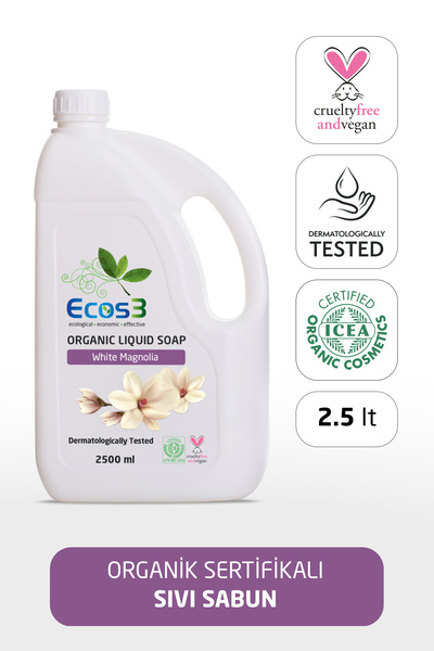 Ecos3 Organik Sıvı Sabun, Vegan Sertifikalı, Hassas Cilt, Ekolojik, Hipoalerjenik, Beyaz Manolya, 2500 ml
