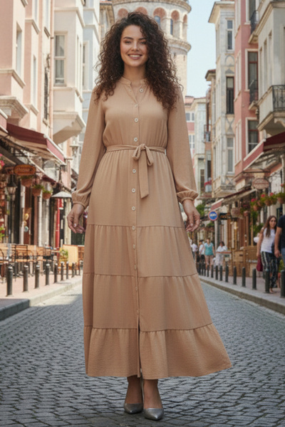 benguen Бежеве плаття з рельєфним візерунком і ґудзиками 2120