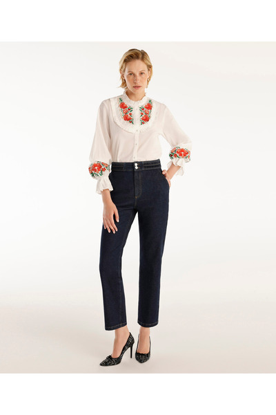 Yargıcı Nakış Detaylı Yüksek Bel Denim Pantolon