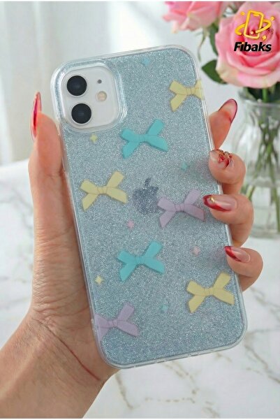 Fibaks Apple iPhone 12/12 Pro Uyumlu Kılıf Mavi Simli Renkli Fiyonk Desenli Parlak Darbe Emici Kapak