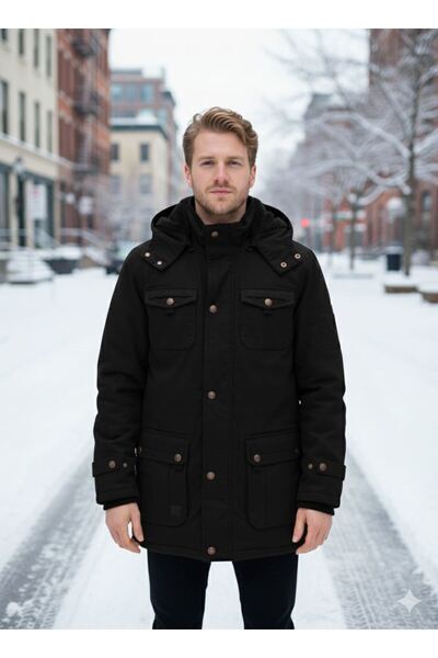 DYNAMO Erkek Siyah Kapüşonlu Kürk Astarlı Su Geçirmez Kaplamalı Kalın Kaban