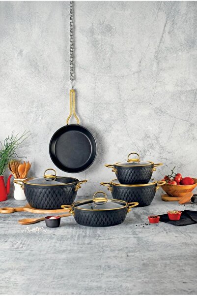ÖZLİFE İnci̇ 9 Piece Granite Cookware Set Black Gold