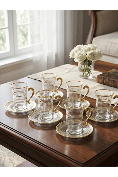 SQUALO طقم كاسات شاي تركي – 6 حبات بنقوش ذهبية مع أطباق