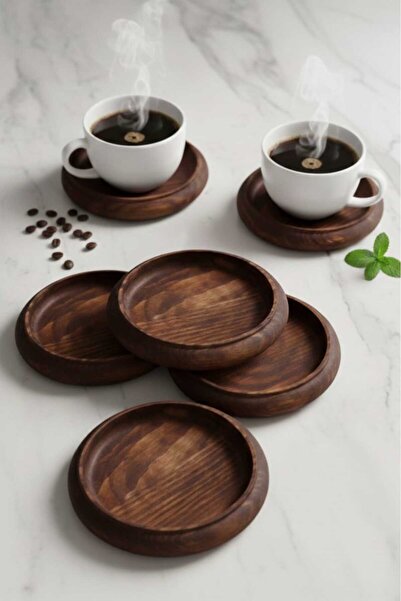 Ahşap Teslim Modern Ahşap Kahve Sunum Altlığı 6'lı Set - Dekoratif Bardak Alt...