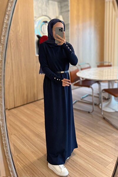 Ka Hijab Belted Shirt Collar Mercerized Dress - Navy Blue
