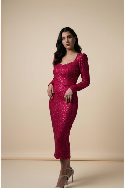 Elif Naz Moda Evi fuşya payetli uzun kalem elbise