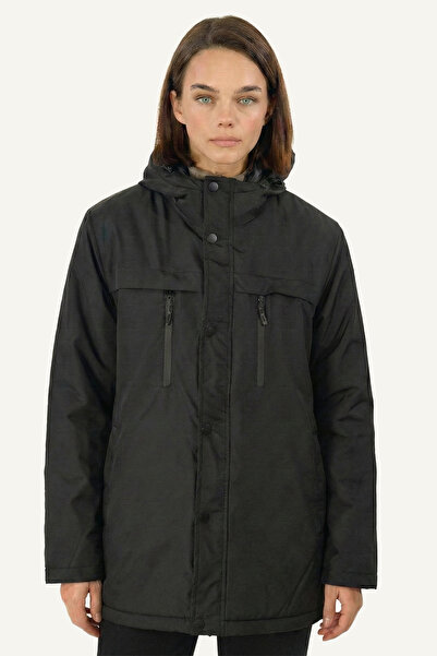 D1fference Kadın Siyah Su ve Rüzgar Geçirmez Jel Elyaf İç Astarlı Cepli Kapüşonlu Parka Kaban Mont