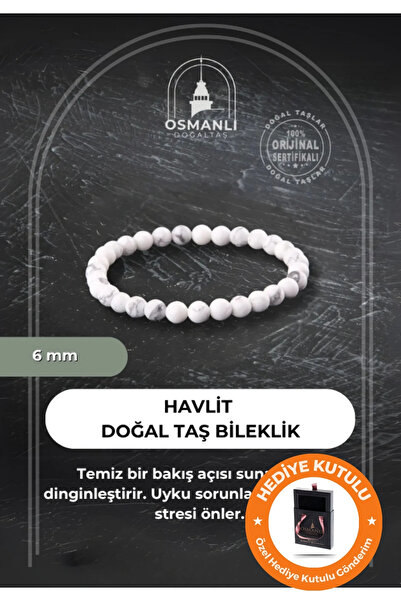 OSMANLI DOĞAL TAŞ Unisex Certified Real Howlite Natural Stone Sleep and Stress Handmade Boxed Special Design Bracelet 6mm
